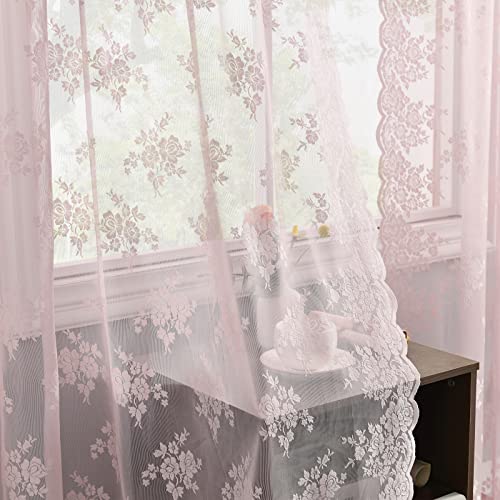 Kotile Vintage Floral Patterned Sheer Lace Curtains - Girls Room, Scalloped Edge Rod Pocket Privacy Curtains, 52 x 54 Inch, Pink