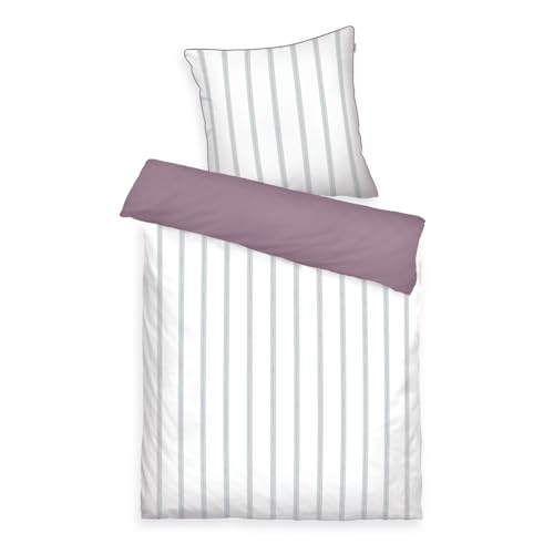 TOM TAILOR Satin Bed Linen, 80 x 80 cm + 155 x 220 cm, 100% Cotton/Satin, with Reversible Motif, Coloured Piping on Cushion and Branded Zip, Classic Satin Stripes, White, Purple (Cozy Mauve & Fresh