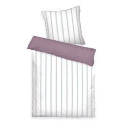 TOM TAILOR Satin Bed Linen, 80 x 80 cm + 155 x 220 cm, 100% Cotton/Satin, with Reversible Motif, Coloured Piping on Cushion and Branded Zip, Classic Satin Stripes, White, Purple (Cozy Mauve & Fresh