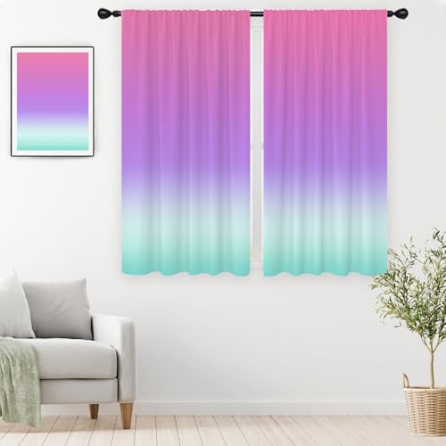 "EGLGCC Pink Purple Curtains, Ombre, 2 Panels, 42"" W x 63"" L, Rod Pocket - Cute Princess Aesthetic, Colorful Rainbow Gradient, Soft Light Aqua Lavender , Decorative Kawaii Decor, Room Window Drapes"