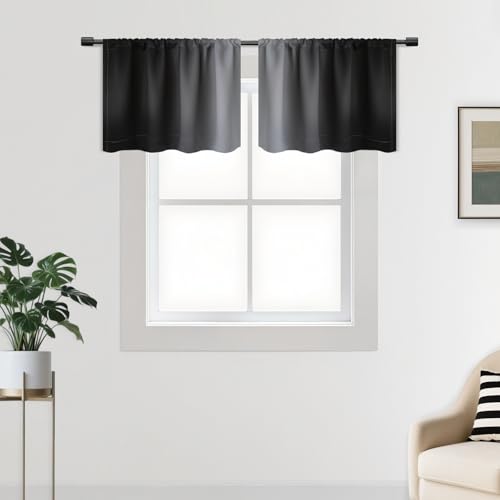 SimpleHome Black Curtains Rod Pocket Valance for Kitchen, 42Wx18L - Gradient Light Blocking Curtain,Thermal Insulated Window Drapes, Room Darkening Waterproof Valances for Cafe, 2 Panels
