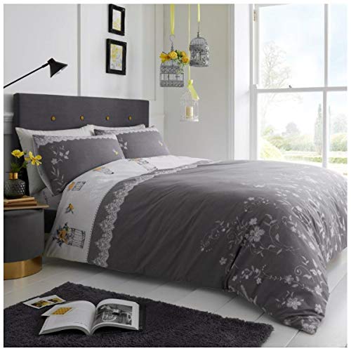 GC GAVENO CAVAILIA Luxury Geometric Duvet, Floral Quilt Set, Polycotton Bed Covers, Lucy-Grey, Single