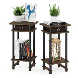 Furinno TURN-N-TUBE Side Table Set of 2, 3-Tier End Table with Storage Bin, Open Shelf Night Stand, Bedside Table, for Living Room, Bedroom, Columbia Walnut
