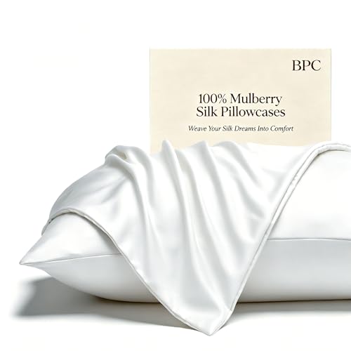 BPC 100% Mulberry Silk Pillowcase Set of 2, King Size Silk Pillow Cases for Hair and Skin, Silky Smooth Bed Pillow Cover with Hidden Zipper, Present for Women Men (20x36, Solid White)