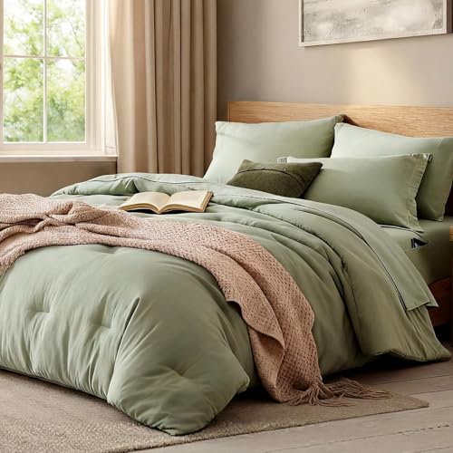 WRENSONGE Queen Comforter Set - 7 Pieces Sage Green Soft Bed in a Bag Queen with Fitted Sheet, Flat Sheet, 2 Pillow Shams, and 2 Pillowcases- Warm Bedding Sets Queen for All Season