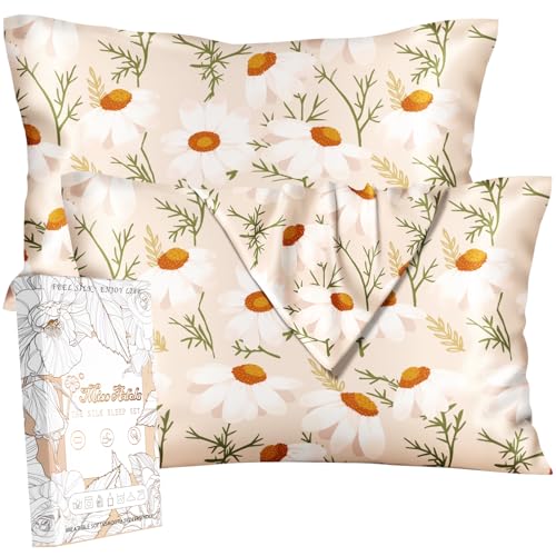 Miss Adola 2 Pack Silk Pillowcases - Standard Size 20 x 26 Inch Silky Pillow Cases for Hair and Skin Soft Smooth Cooling Aesthetic Bed Sleeping Pillow Covers with Zipper for Women, Full Daisy