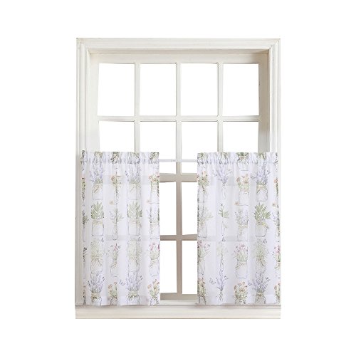 "No. 918 Eve's Garden Semi-Sheer Rod Pocket Kitchen Curtain Tier Pair, 54"" x 36"", White"