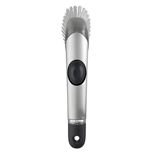 OXO SteeL Soap Dispensing Dish Brush 10 In - Built-In Soap Dispenser, Scrubs Pots And Pans, Soft Grip Handle, Refillable, Ideal For Everyday Kitchen Cleaning