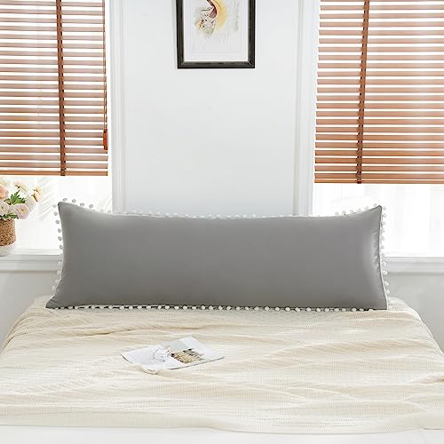 Light Gray Body Pillow Cover 20x54 Body Pillow Cover Cute Pom Poms Fringe Design Boho Chic Decor Long Pillow Case Cover with Pocket Closure