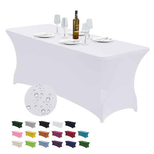 CWK 6FT Stretch Spandex Table Cover for Rectangular Fitted Folding Tables, Wrinkle Resistant, Elastic Stretchable Patio Tablecloth Protector for Party, Banquet, Wedding and Events (White)
