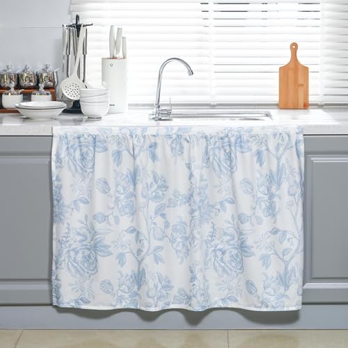 "VitalCozy Cabinet Curtain 28"" w x 35.4"" L Sink Skirt for Bathroom Kitchen Blue Flower Floral Spring Short Curtain for Home Classroom Farmhouse Rustic Drape Under Desk Privacy Drape for Laundry Room"