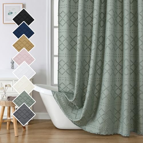 Lecloud Sage Green Boho Shower Curtain 72 x 78 Inches, Farmhouse Fabric Plaid Striped Tufted Textured Minimalist Bathroom Hotel Shower Curtain Set