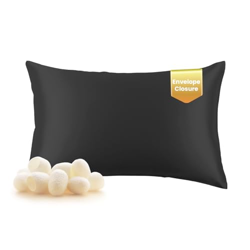 THXSILK 100% Natural Mulberry Silk Pillowcase for Hair and Skin Luxury 19 Momme Mulberry Silk Pillow Cases with Envelope Closure (Queen, Black)