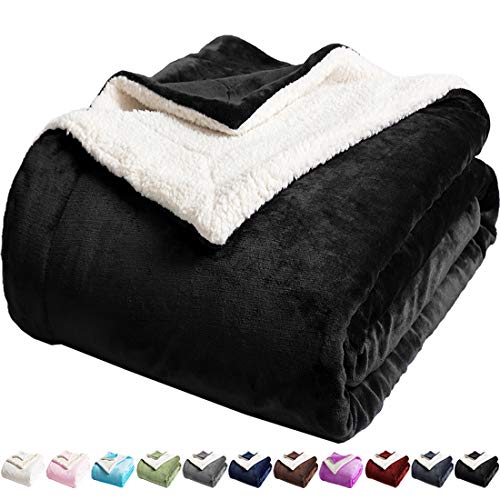 LBRO2M Double Sided Sherpa Blanket Super Soft Fuzzy Plush Warm Cozy Fluffy Throw Reversible Luxurious Blankets (Black, Queen)