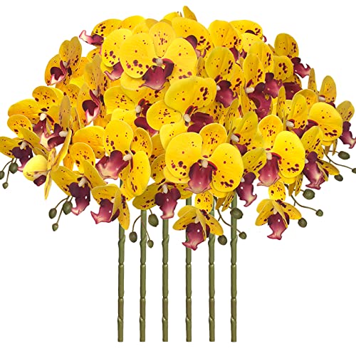 FagusHome 32 Inch Artificial Phalaenopsis Flowers 6 Pcs Artificial Orchid Flowers Stem Plants for Home D??cor (Yellow Piebald)