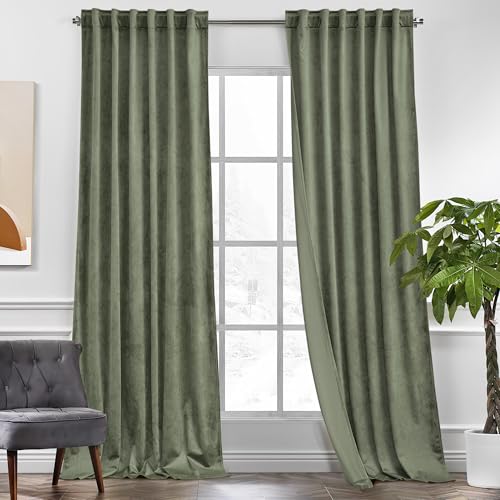 KGORGE Sage Green Velvet Curtains 90 inches 2 Panels, Velvet Blackout Curtains for Bedroom Living Room, Soft Darkening Thermal Insulating Window Drapes, Back Tab Rod Pocket, W 52 x L 90