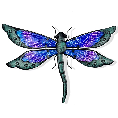 HONGLAND Metal Dragonfly Decor, Dragonfly Outdoor Wall Decor, Metal Wall Art, Dragonfly Ornaments Wall Sculptures Gifts Hanging Decorations for Garden Yard Home-Blue 14 Inch Dragonfly Wall Art