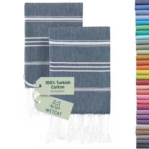 "WETCAT Turkish Hand Towels with Hanging Loop, Set of 2 (20"" x 30"") 100% Turkish Cotton, Pre-Washed, Quick Drying, for Kitchen or Bathroom - Navy Blue"