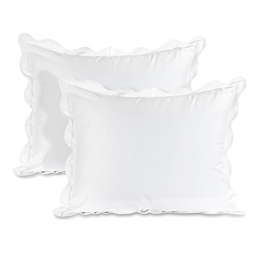 "Ridhi White with White Scalloped 100% Cotton 400 TC Throw Pillow Covers 20""x26"" Set of 2 Solid Pure Farmhouse Case Soft Home Decor for Sofa, Bed, Couch, Living Room Gift for Spring, Easter, Valentine"