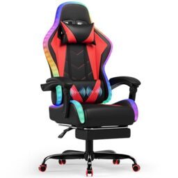 JUMMICO RGB Gaming Chair with Massage Lumbar Support & Footrest, Ergonomic Reclining Gamer Chair for Adults, High Back PU Leather PC Chair with LED Lights, Red