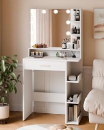 Mondeer Dressing Table with Mirror and 10 LED Bulbs, Vanity Table, White
