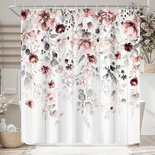 "Ufeela Rusic Floral Grey Pink Eucalyptus Leaves Bathroom Shower Curtain Set - 72""W x 72""L Flower Blossom look, waterproof HD printed shower curtain, quick-dry fabric and free hooks."