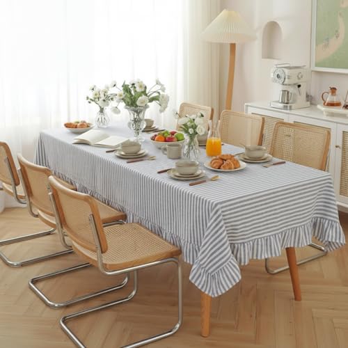 Boao 60 x 120 Inch Cotton Ruffle Tablecloth Blue White Striped Flounces Trim Table Cover for Rectangle Table Kitchen Party Wedding Decor