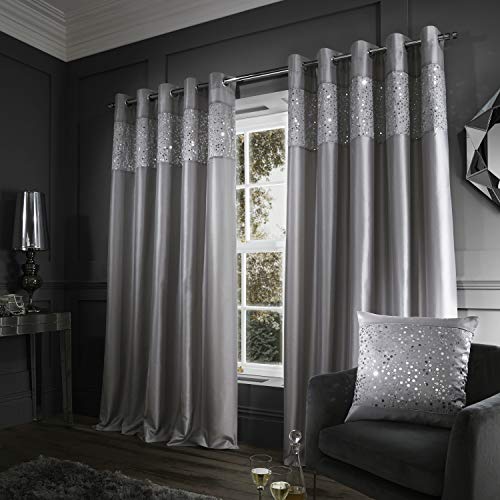 Catherine Lansfield Glitzy Sequin 66x54 Inch Lined Eyelet Curtains Two Panels Grey