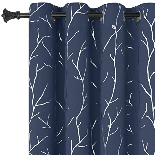 BUHUA Blackout Curtains for Bedroom, Living Room Curtains 84 Inches Long,Thermal Insulated Navy Blue Curtains for Living Room Print Silver Tree Branches Drapes Window Treatment 2 Panels,52Wx84L