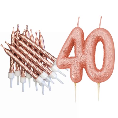40th Birthday Rose Gold Candle Kit, Glitter Number 40 Cake Topper Candle and Rose Gold Candles, Birthday Cake Decoration