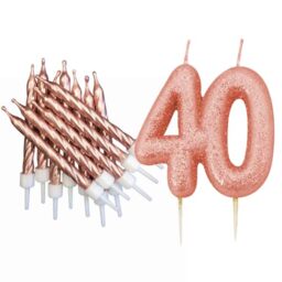40th Birthday Rose Gold Candle Kit, Glitter Number 40 Cake Topper Candle and Rose Gold Candles, Birthday Cake Decoration