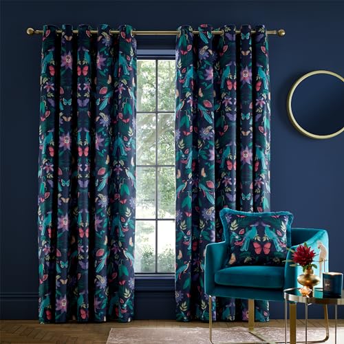 Catherine Lansfield Mya Tropical Floral 46x90 Inch Lined Eyelet Curtains Two Panels Navy Blue