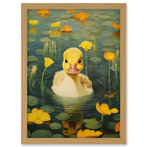 Artery8 Whirlpool Duckling Lily Pads and Flowers Kids Bedroom Nursery Artwork Framed A3 Wall Art Print