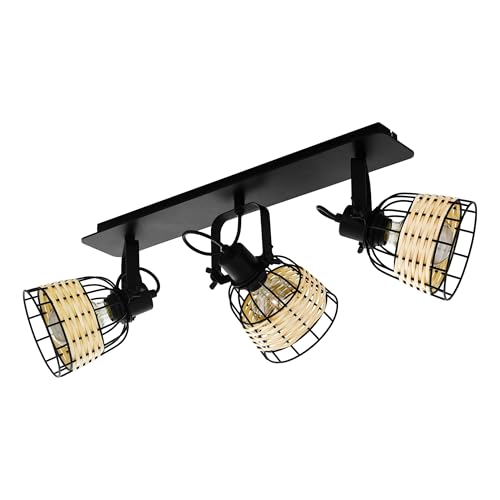 EGLO Anwick 1 Ceiling Light, 3-Bulb Ceiling Light, Vintage, Boho, Ceiling Spotlight Made of Steel and Rattan, Living Room Lamp in Black, Natural, Kitchen Lamp, Spotlights with E27 Socket