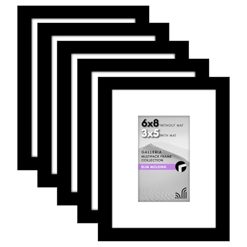 Americanflat 6x8 Picture Frame with Polished Plexiglass - Set of 5 - Use as 3x5 Frame with Mat or 6x8 Frame Without Mat - Galleria Collection - Gallery Frames for Tabletop and Wall Display - Black