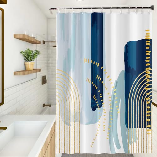 Umpoo Boho Style Shower Curtain Watercolor Darkblue and Yellow Geometric Pattern Shower Curtains for Modern Abstract Bathroom Waterproof Fabric Decor Set with Hooks, 72W x 78H Inch