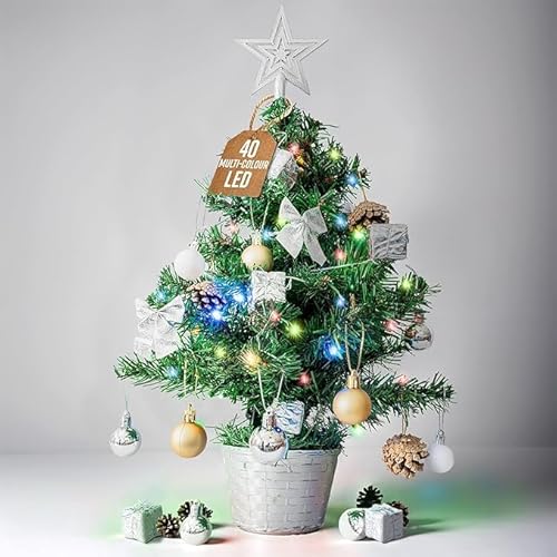 GloBrite Pre-Lit Mini Christmas Tree - 45cm Small Tabletop Tree w/ 40 LED Lights - Battery Powered, Fully Decorated - Perfect for Desk, Bedroom, Table