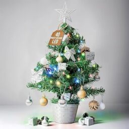 GloBrite Pre-Lit Mini Christmas Tree - 45cm Small Tabletop Tree w/ 40 LED Lights - Battery Powered, Fully Decorated - Perfect for Desk, Bedroom, Table