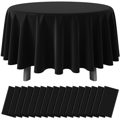 16 Pack Black Plastic Tablecloth for Round Tables, Premium Decorative Black Disposable Table Cloths for Parties, Bulk Round Party Table Cover for Birthday Wedding Anniversary Graduation, 84 Inch