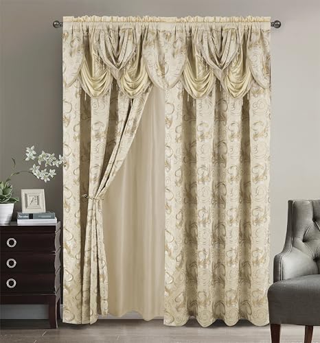 "Golden Rugs Jacquard Luxury Curtain Window Panel Set Curtain with Attached Valance and Backing Bedroom Living Room Dining 112""X84"" Each Jana Collection (Beige)"