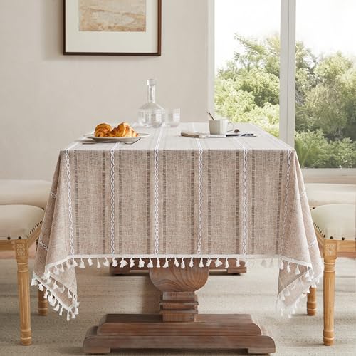 ZeeMart Hemstitched Striped Boho Table Cloth, 60x120 Inch Natural - Heavy Weight Linen, Embroidery Stripe, Tassel Edge, Farmhouse Rectangle Tablecloths, Wrinkle Resistant Washable Table Cloths