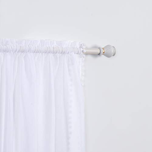 Elegant Comfort Semi-Sheer Pom Pom Tassels Curtains - 2 Panels Set - with 2inch Rod Pocket - Solid Sheer Curtain Drapes for Living Room, Bedroom, W40 X L84, White