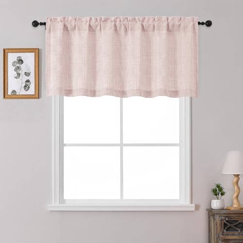 "OWENIE Blush Pink Valances for Windows 1 Pcs 22 Inch Length, Light Filtering Textured Short Small Valance Curtains for Bathroom Basement Living Room, Half Window Curtains Over Sink, 60"" W by 22"" L"