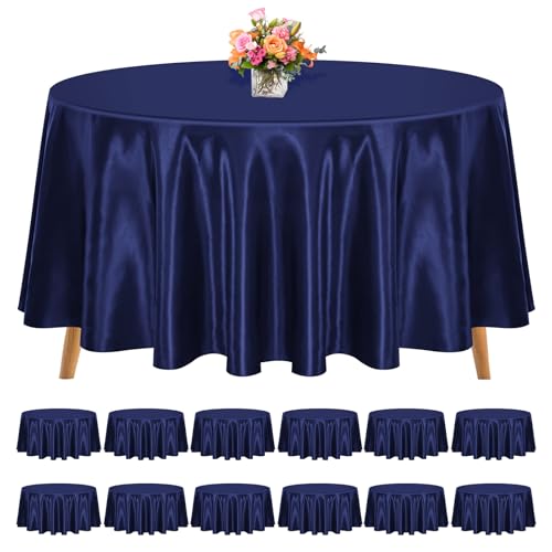 REWOMC 12 Pack 120 Inch Round Satin Tablecloth, Navy Blue - Bright Silk Tablecloth, Smooth Washable Fabric Table Covers, Overlay Silky Decoration Wedding Party Banquet Birthday