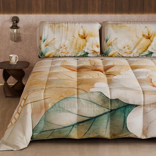 PETTI Artigiani Italiani - Winter Quilt, Winter Duvet, Double Sided Single Quilt Solid Colour and Digital Floral Print 25 154, 100% Microfibre, Made in Italy