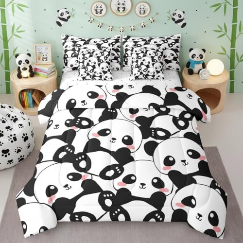 Erosebridal Panda 7 Piece Bedding Set Twin Cute Black White Bear Comforter Set with Sheets Kawaii Animal Bed in A Bag Childern Boys Girls Teens Bed Sets with 2 Pillowcases, 2 Throw Pillow Covers