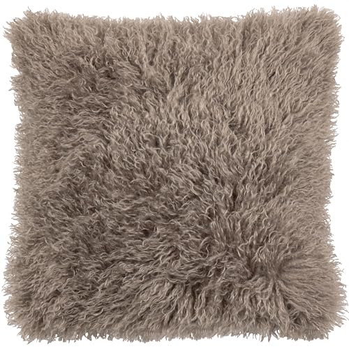 furn. Rowan Feather Filled Cushion – Soft Faux Fur Mongolian Style Decorative Cushion with Velvet Reverse (Mocha - 50x50cm)