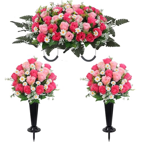 Wocst Headstone Flower Saddle,Large Artificial Cemetery Flowers for Grave 2Pack Artificial Silk Roses Daisy Bouquets with Cemetery Vases for Outdoor Grave Decorations (Pink)