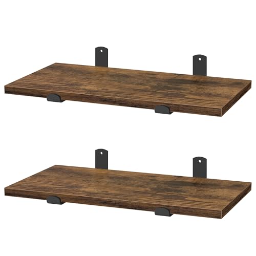 SONGMICS Floating Shelves, Decorative Wall Shelf, Modern Style, for Bedroom, Living Room, Dining Room, Kitchen, Max. Load 10 kg, 21.3 x 40 x 10 cm, Set of 2, Rustic Brown and Matte Black LWS140KD01-2J