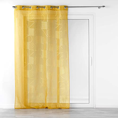 Douceur d'Intérieur, Lineor Net Curtain with Eyelets (140 x 280 cm) Yellow/Gold, Metallic Printed Sandblasted Voile